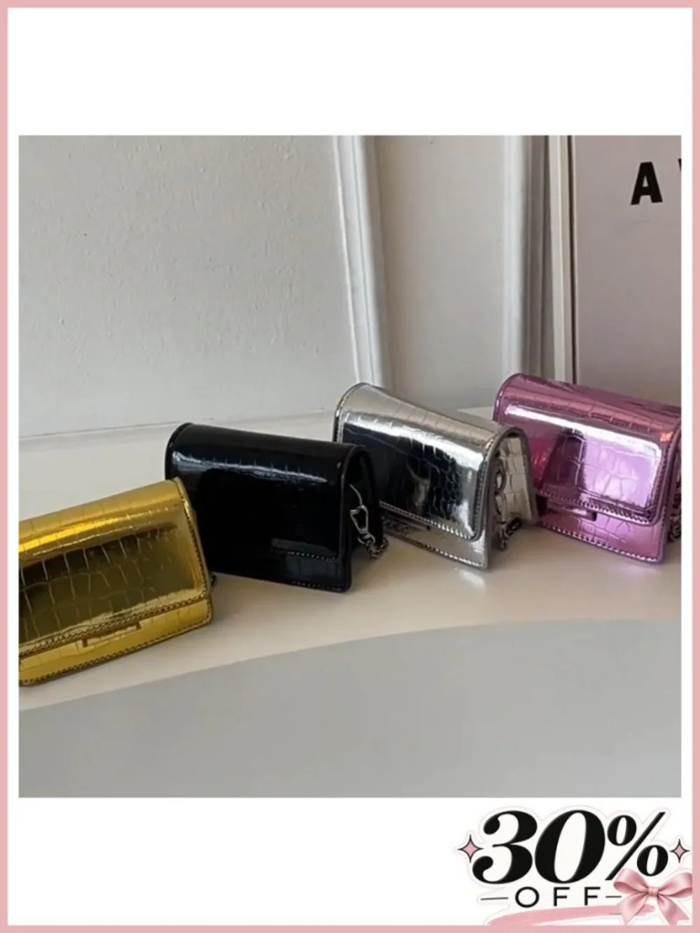 Mini Crossbody Bag Patent Leather Crocodile Purse Detachable Chain Strap